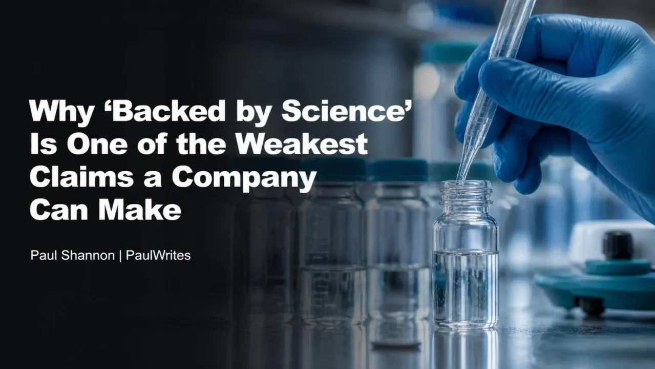 PaulWrites cover showing a gloved hand using laboratory glassware with the complete Backed by Science article headline