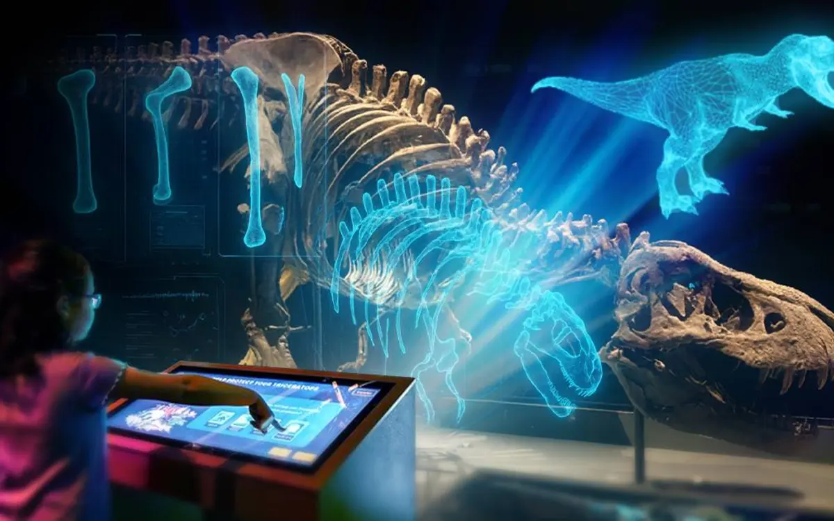 Visitor using an interactive table beside illuminated museum displays