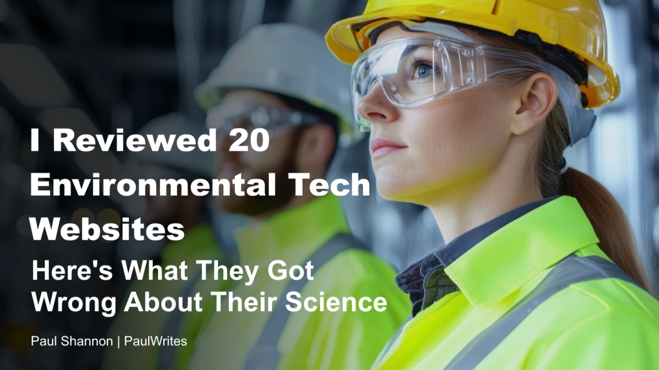 Original PaulWrites cover for I Reviewed 20 Environmental-Tech Websites, showing industrial workers beneath the article headline