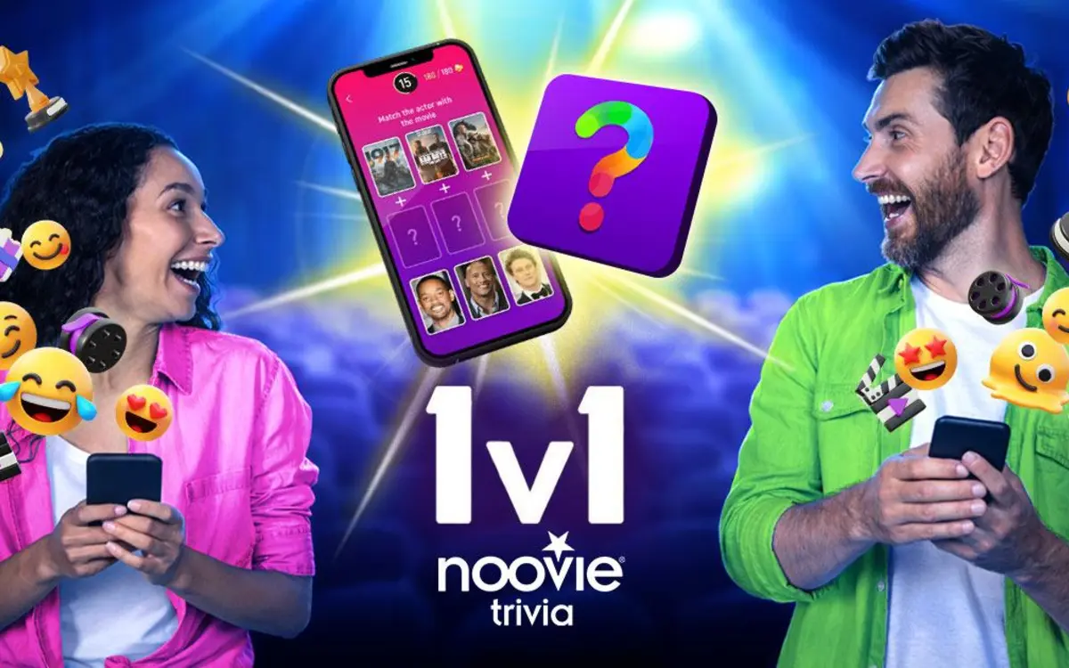 Two Noovie Trivia players holding phones beside a one-versus-one game graphic